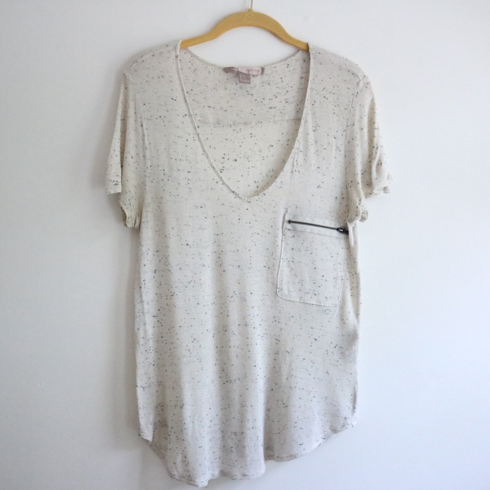 Forever 21 White Speckled V-Neck Short Sleeve Pocket Shirt